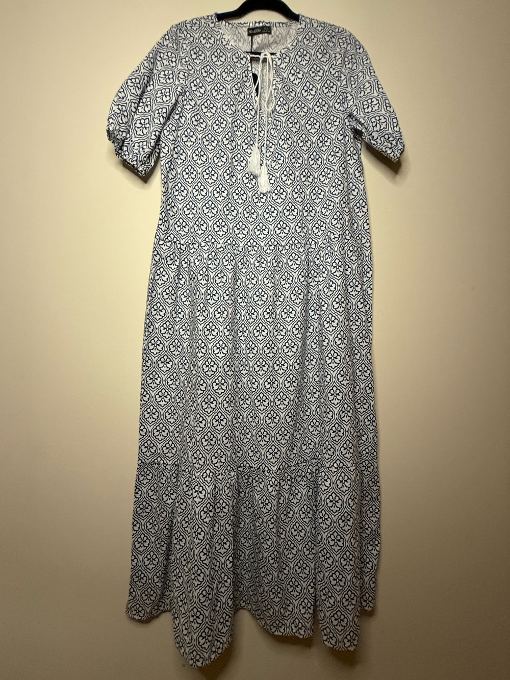 NWT NORACORA Beachy Boho Printed Flowy Coastal Grandma Mumu Navy Blue Maxi Dress